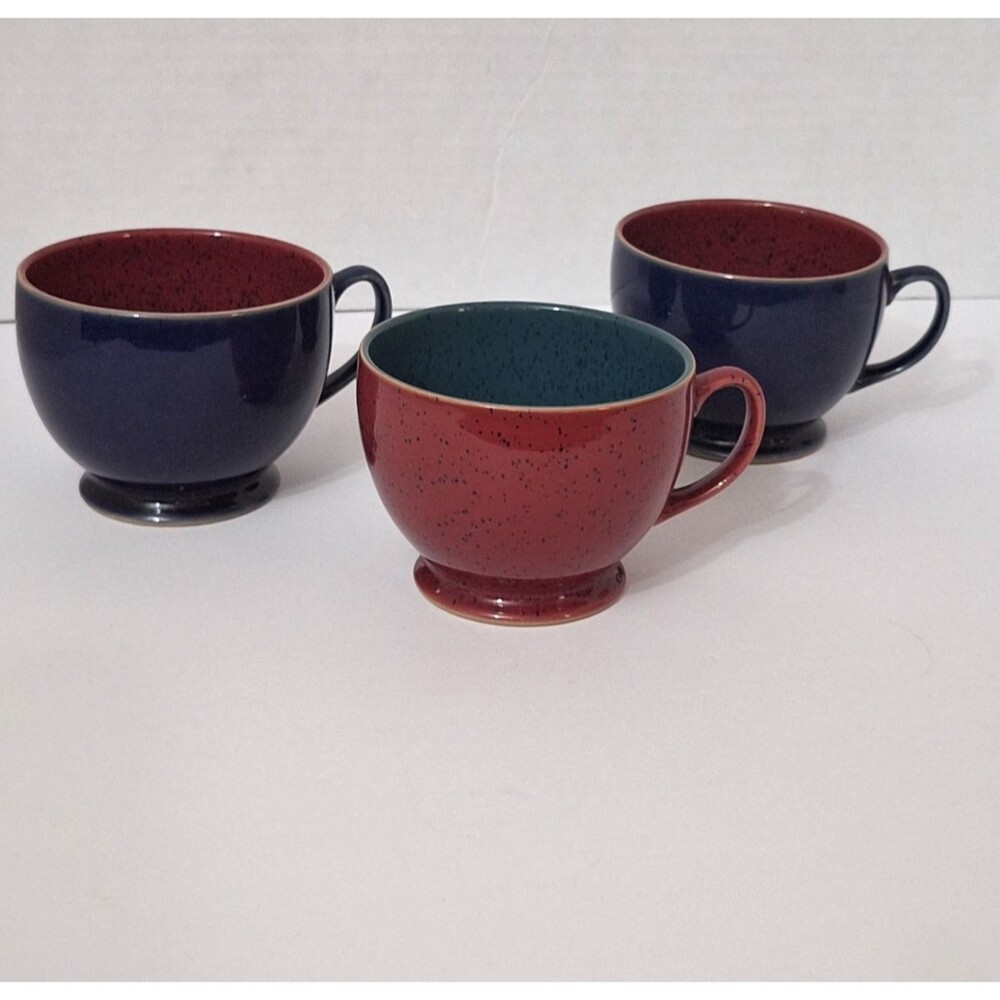 Denby England Stoneware Breakfast Tea Cups Red Green Blue Speckled Set of 3